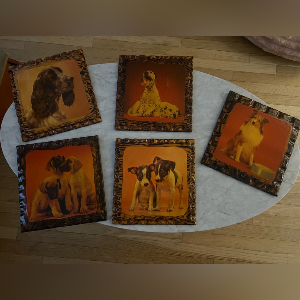 Set of 5 vintage rustic Dog puppy wooden wall art prints portraits
